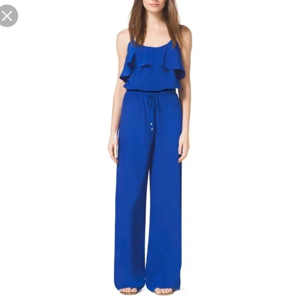 michael kors cobalt blue jumpsuit ruffle top wide leg pants size large - Picture 1 of 5